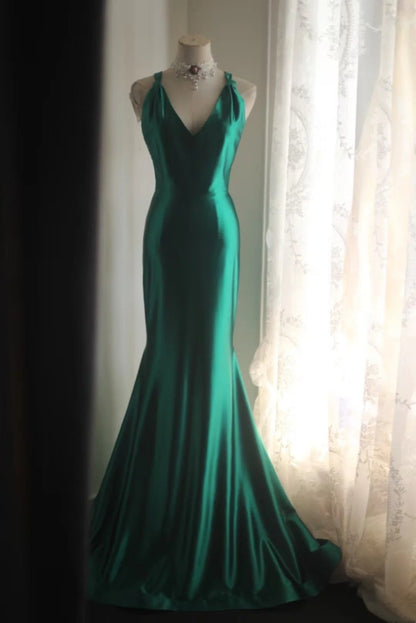 formaldressy-Sleeveless Deep V - Neck Backless Dark Green Satin Mermaid Dress, Retro Elegant Slim - fitting Floor - length Evening Gown  gh5827