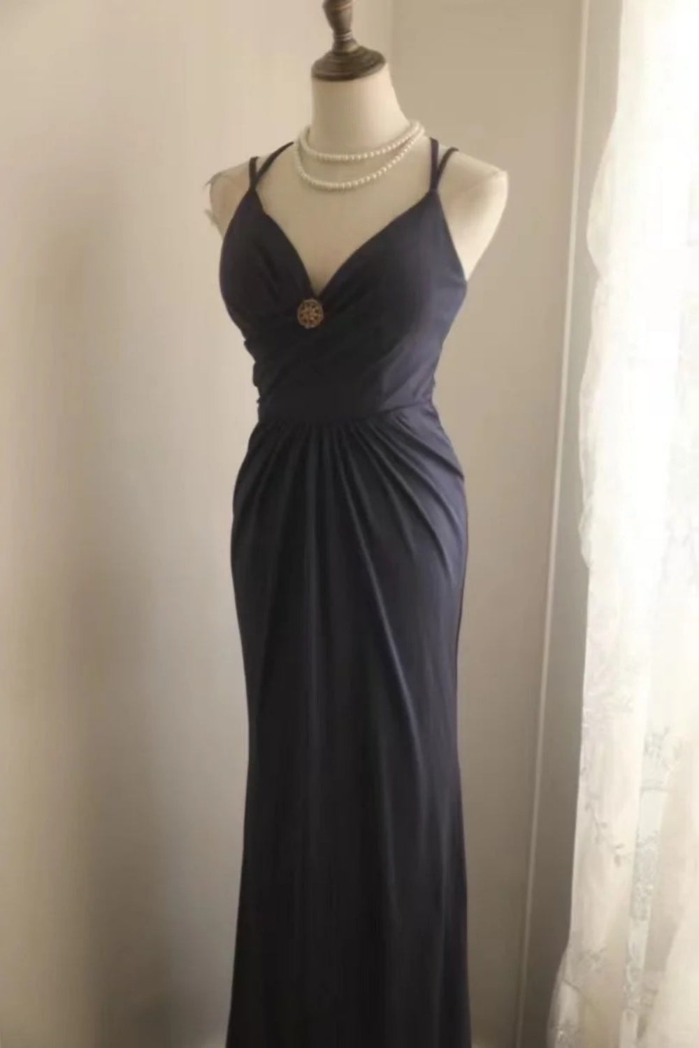 formaldressy-Elegant navy blue spaghetti strap deep V neck waist dress, vintage embellished elegant long evening gown  gh5826