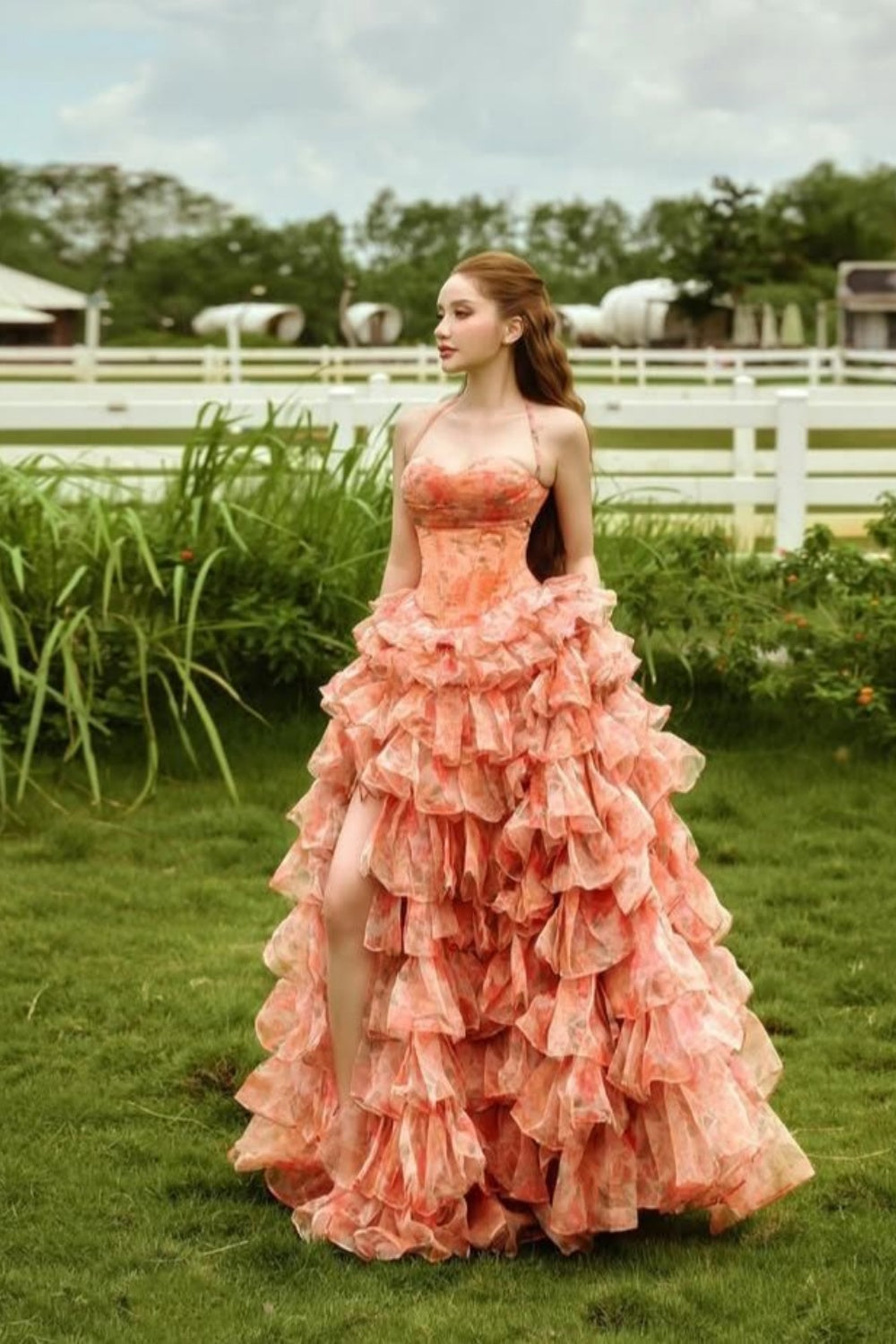 formaldressy- Orange floral slit long dress tulle gh6198