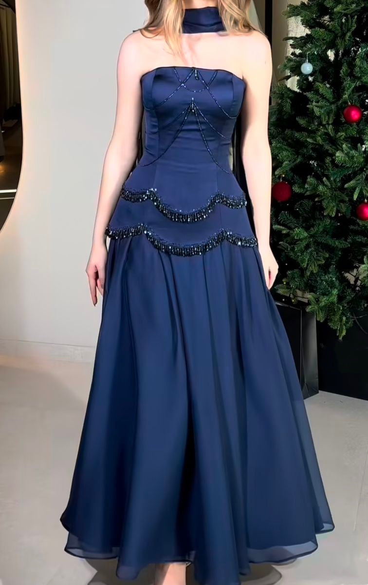 formaldressy-Elegant and exquisite navy blue long tulle prom dress gh5776