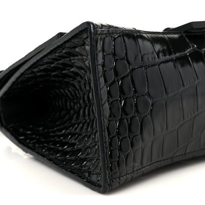 Shiny Calfskin Monochrome Crocodile Embossed Small Hourglass Top Handle Bag Black
