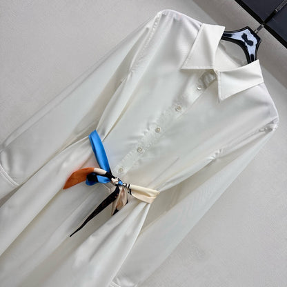Celine Long Silk Scarf Shirt Dress White Cotton 351803