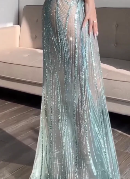 Pretty Mermaid Spaghetti Straps Sequin Green Long Prom Dresses Evening Dress cg26143