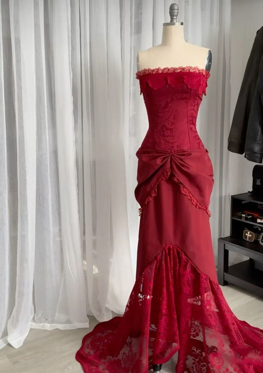 formaldressy--Red Vintage Elegant Long Lace Floor-Length Ball Gown Prom Dress gh5670