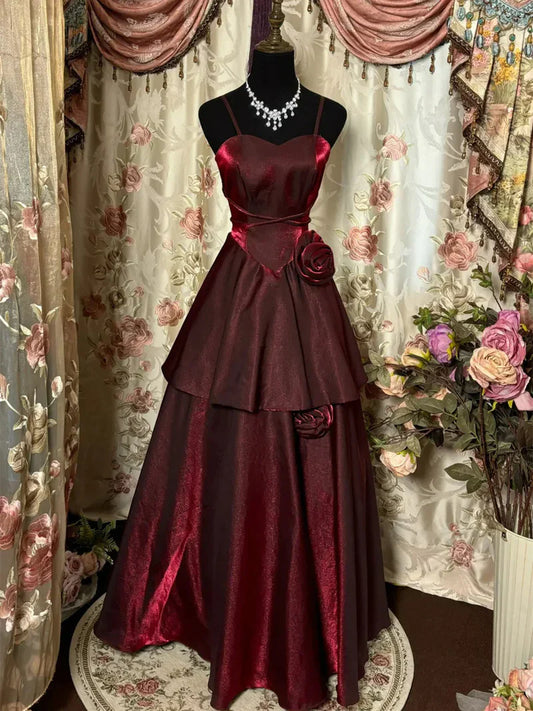 formaldressy--Burgundy Shiny Floral Spaghetti Strap Vintage Dress Floor-Length Ball Gown Prom Dress gh5671