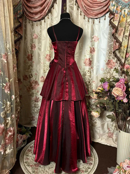 formaldressy--Burgundy Shiny Floral Spaghetti Strap Vintage Dress Floor-Length Ball Gown Prom Dress gh5671