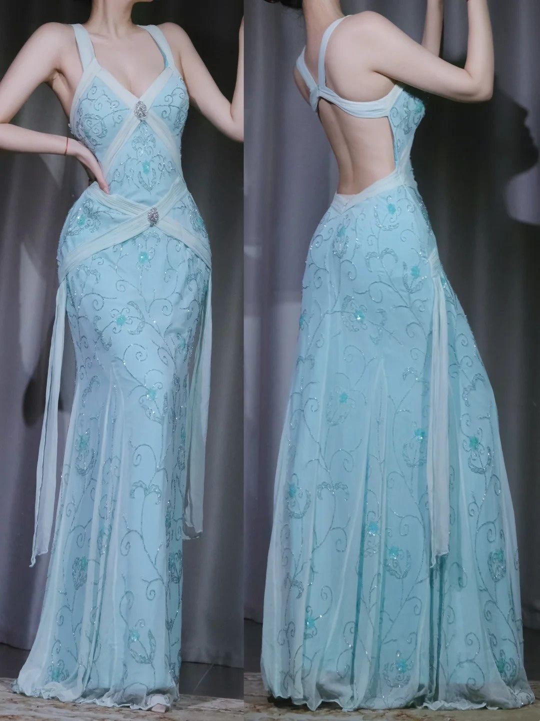 formaldressy-Blue exquisite floral vintage elegant long chiffon evening dress prom dress party dress gh5914