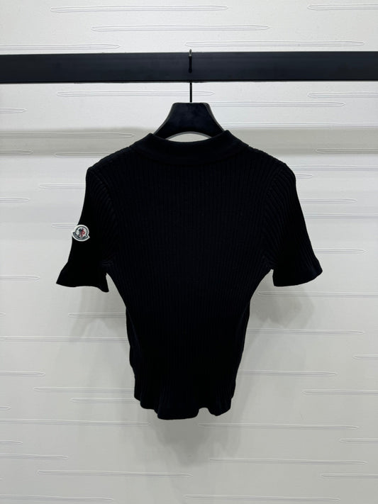 Moncle Beaded Lapel Knit Short-Sleeve Top Black Tencel Cotton 255893