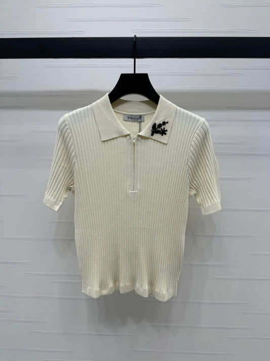 Moncle Beaded Lapel Knit Short-Sleeve Top Cream Tencel Cotton 255895
