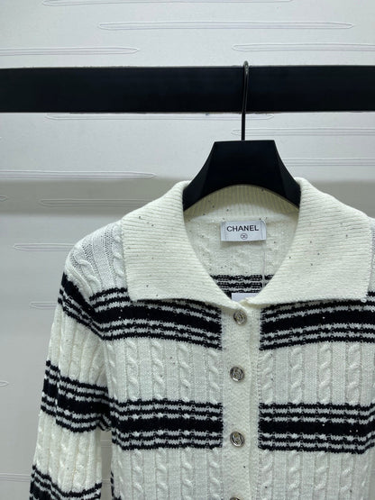 CC 25 Striped Knit Cardigan White Wool