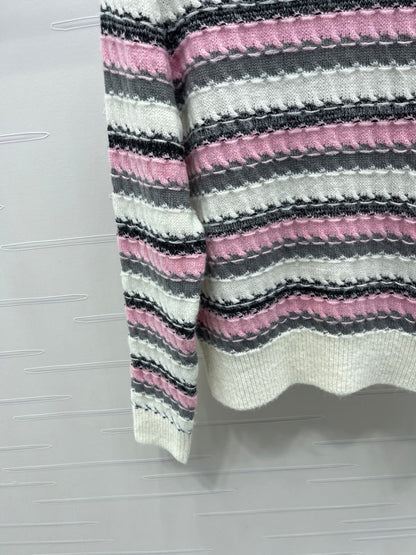 CC 25 Striped Knitted Long-Sleeved Sweater White Cashmere