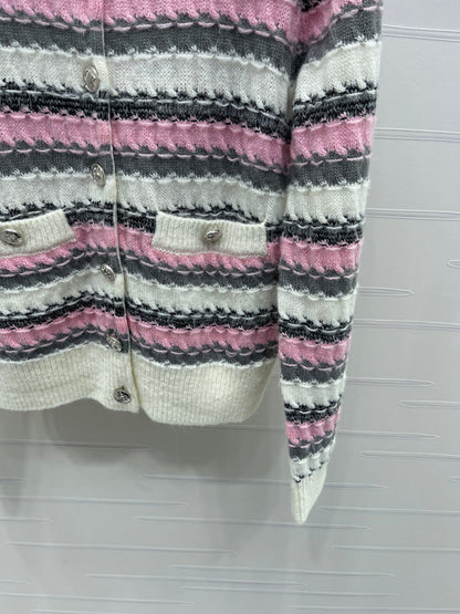 CC 25 Striped Knitted Long-Sleeved Pocket Cardigan White Tencel