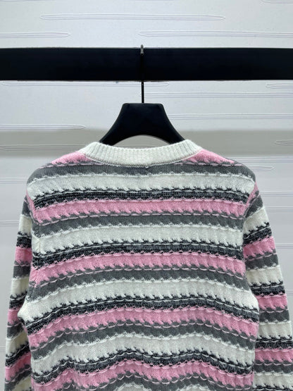 CC 25 Striped Knitted Long-Sleeved Pocket Cardigan White Tencel