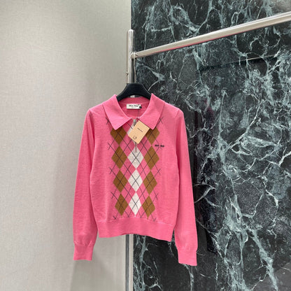 Miumiu 25 Diamond Half-Placket Knitted Sweater Pink Cashmere