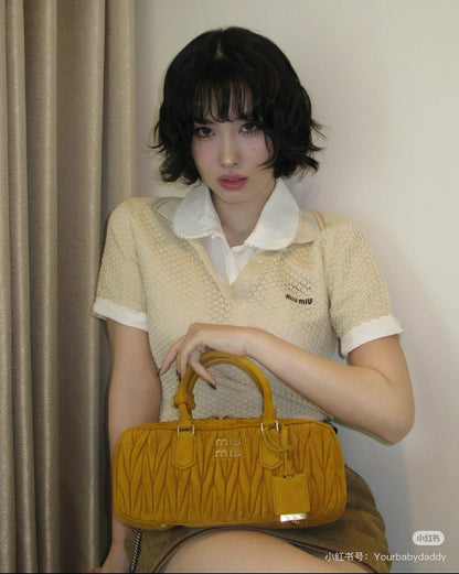 Miumiu Short-Sleeve Knitted Wool Cream Polo Shirt