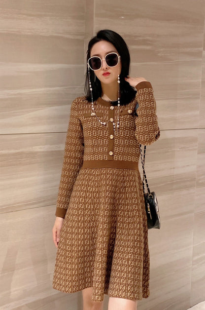 Fendi FF Logo Long Sleeve Jacquard Brown Fabric Wool Dress