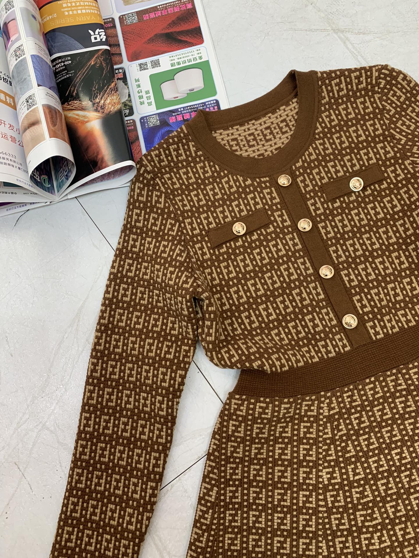 Fendi FF Logo Long Sleeve Jacquard Brown Fabric Wool Dress