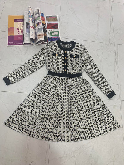 Fendi FF Logo Long Sleeve Jacquard Button Black White Fabric Wool Dress