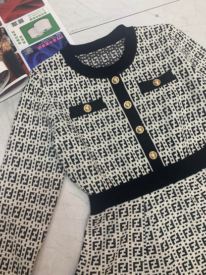 Fendi FF Logo Long Sleeve Jacquard Button Black White Fabric Wool Dress