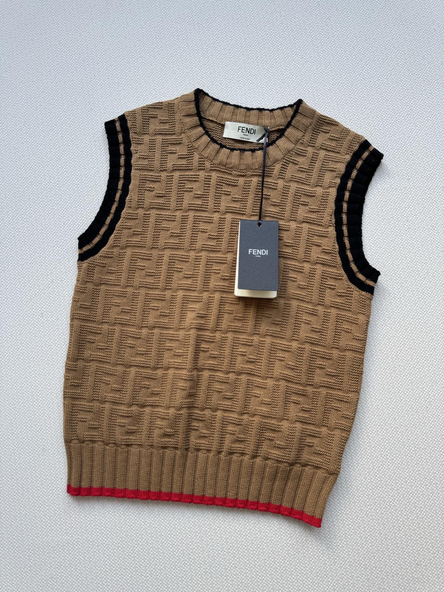 Fendi 25SS Double F Jacquard Knitted Wool Brown Vest