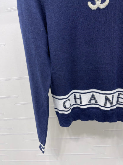 CC 25 Jacquard Double C Logo Pullover Sweater Blue Wool Cashmere