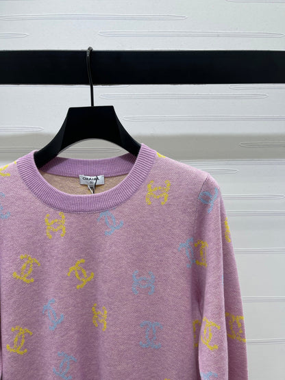 CC 25 Jacquard Long-Sleeved Pullover Sweater Pink Wool