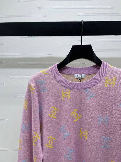 CC 25 Jacquard Long-Sleeved Pullover Sweater Pink Wool