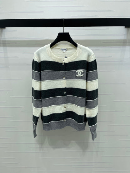CC 25 Round-Neck Knitted Wool Cashmere Striped Cardigan