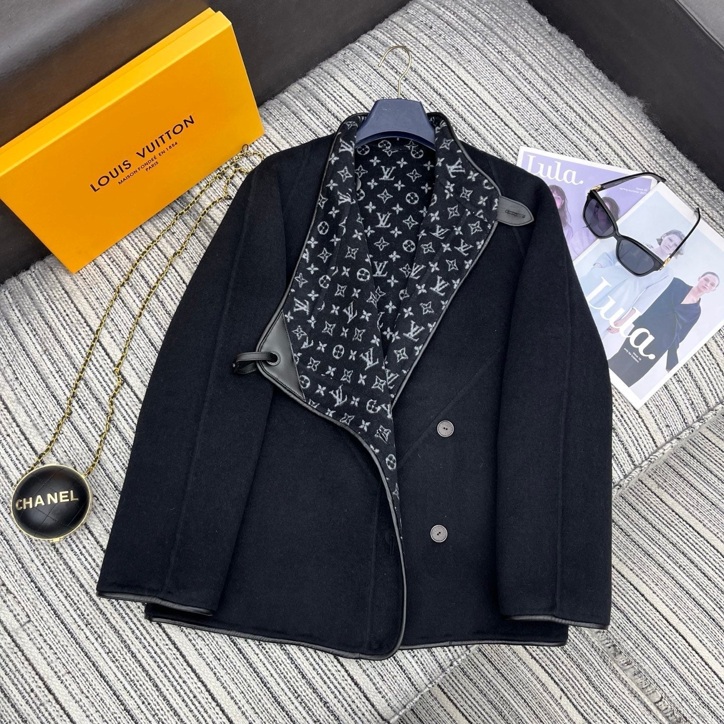 LV 25FW Double-Faced Wool Coat Jacket Lambskin Edge Black 311694