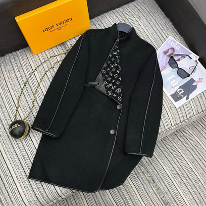 LV 25FW Double-Faced Wool Long Coat Lambskin Edge Black 311676