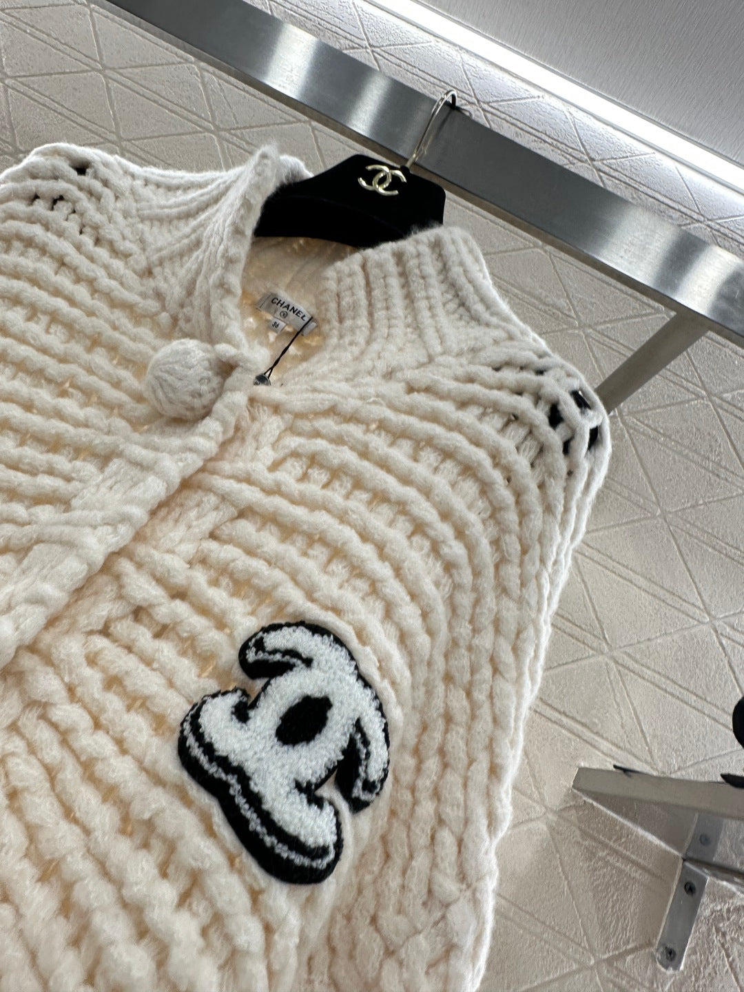 CC 25 Double C Hollow Letter Knit Cream Cardigan