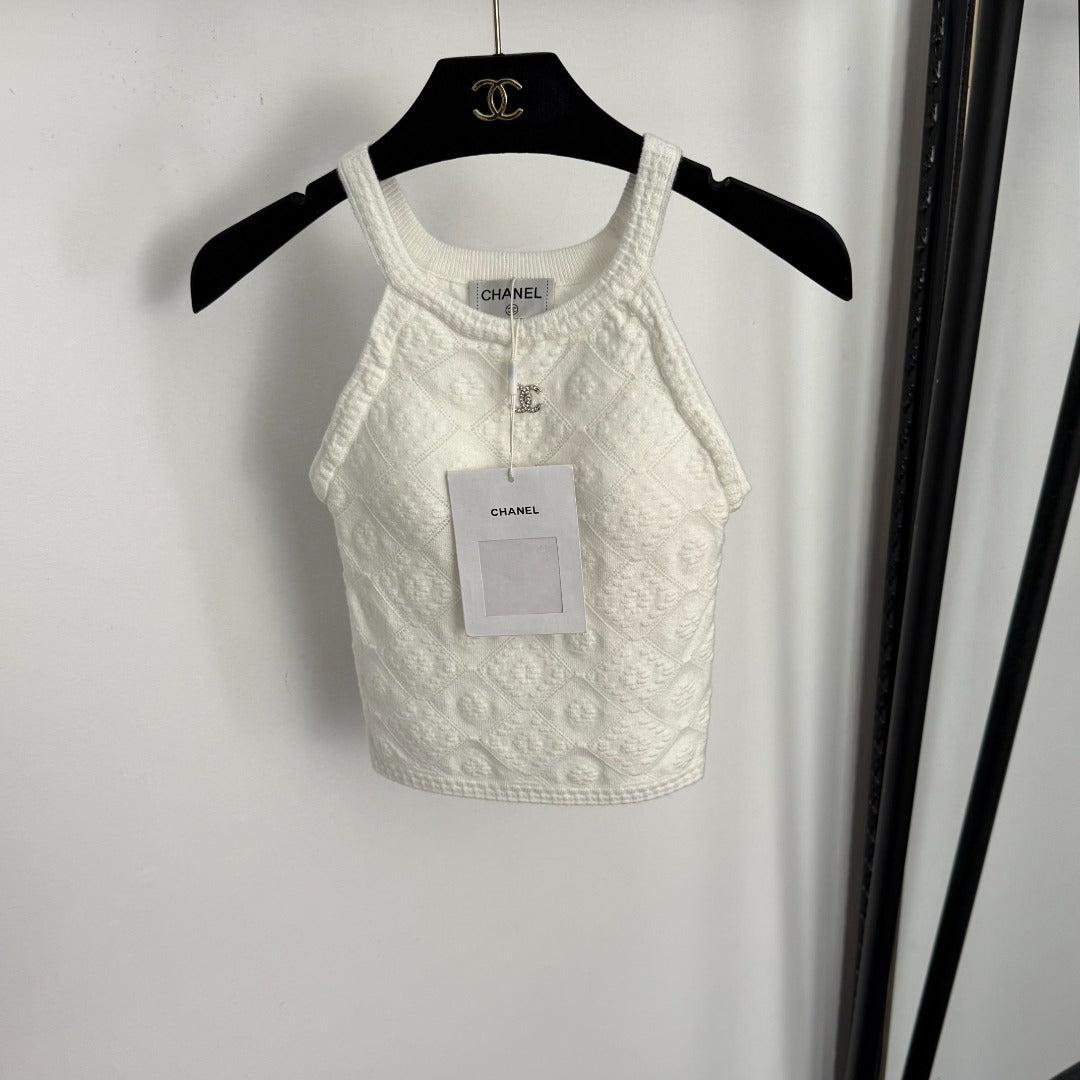 CC Diamond Logo Embellished Off-the-Shoulder Knit Camisole