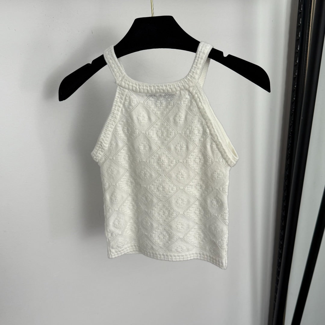 CC Diamond Logo Embellished Off-the-Shoulder Knit Camisole