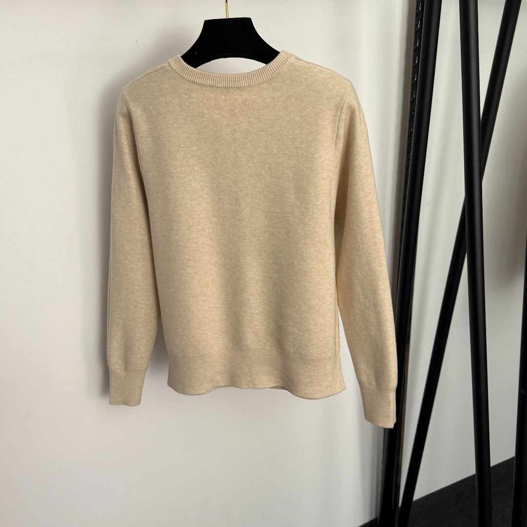 CC Bow Single-Breasted Round Neck Long-Sleeved Knit Cardigan
