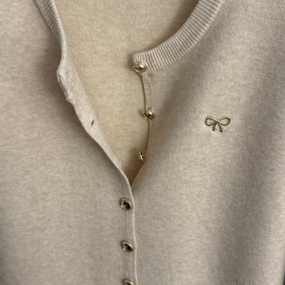 CC Bow Single-Breasted Round Neck Long-Sleeved Knit Cardigan