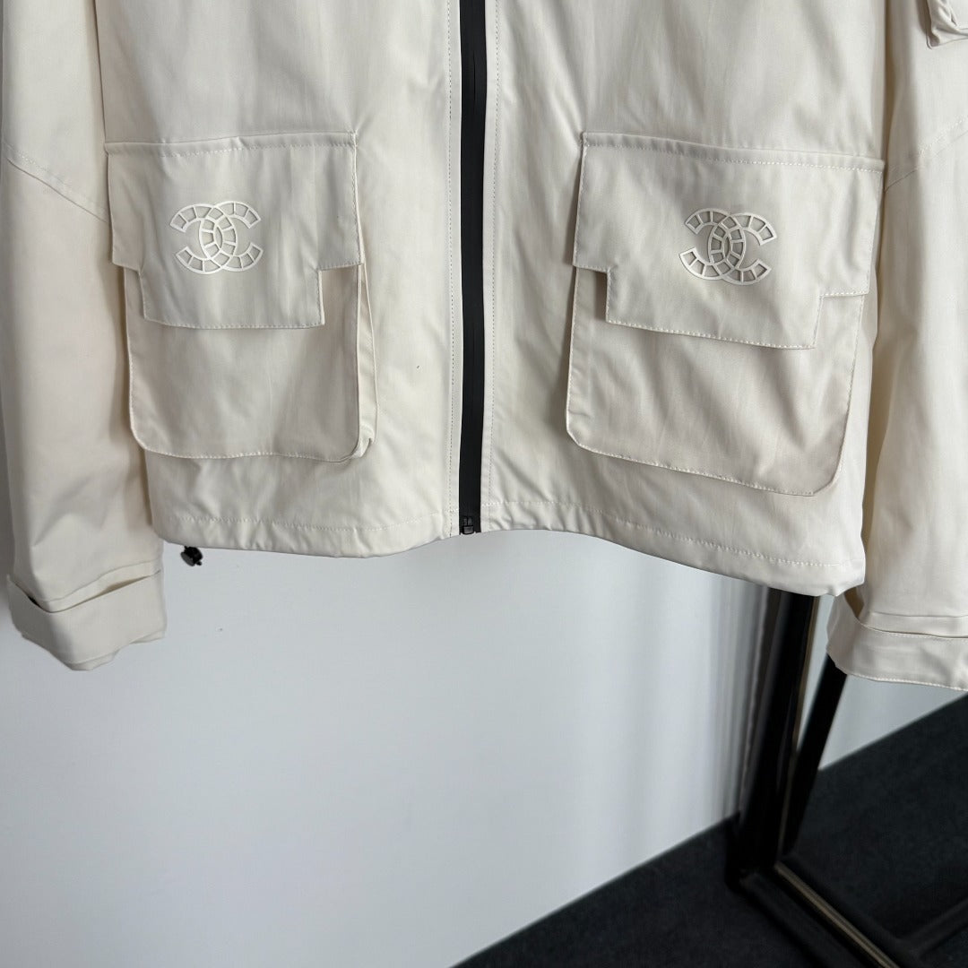 CC Pocket Velcro Long-sleeved Hooded Windbreaker Jacket
