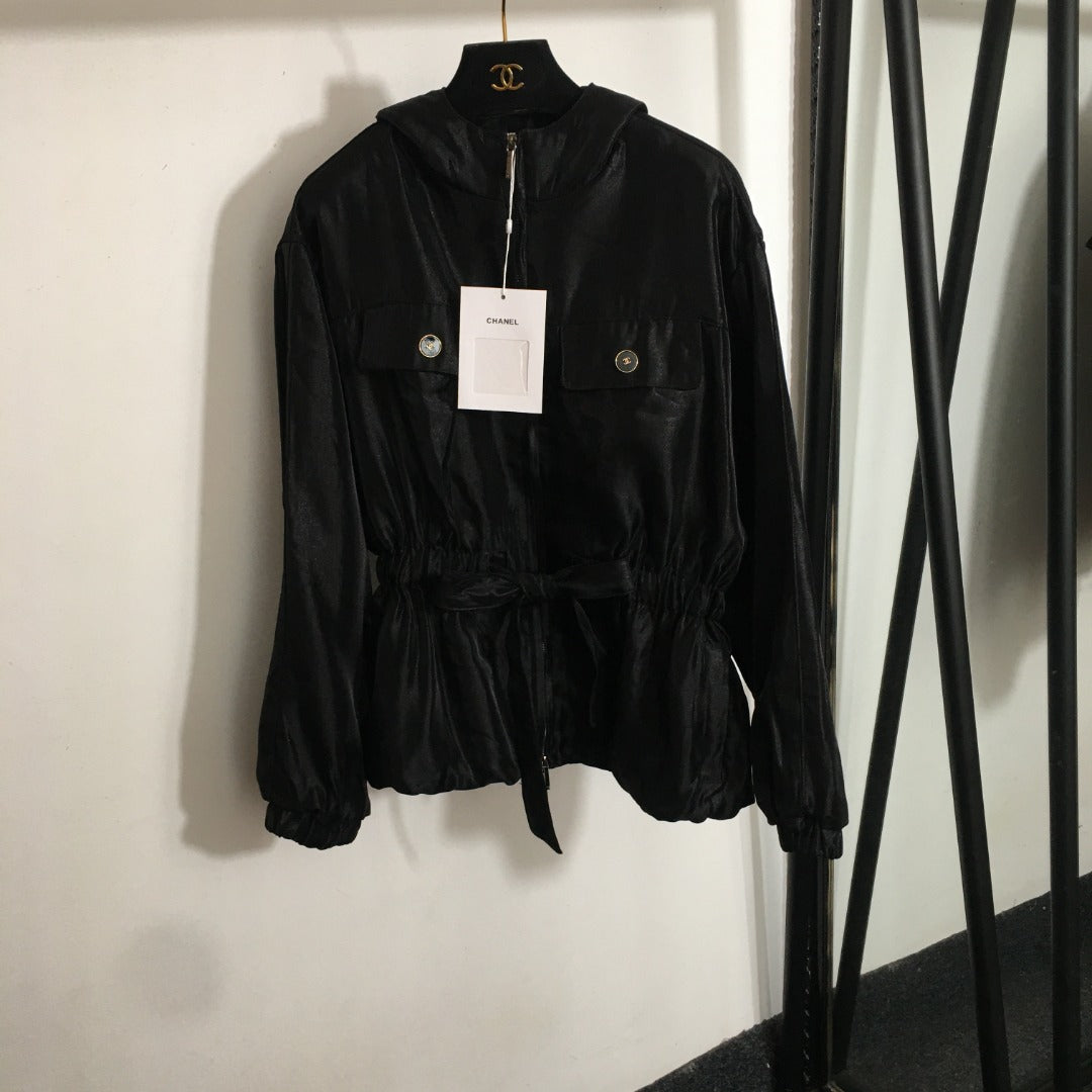 CC Drawstring Waist Short Long Sleeve Hooded Thin Shiny Windbreaker Jacket
