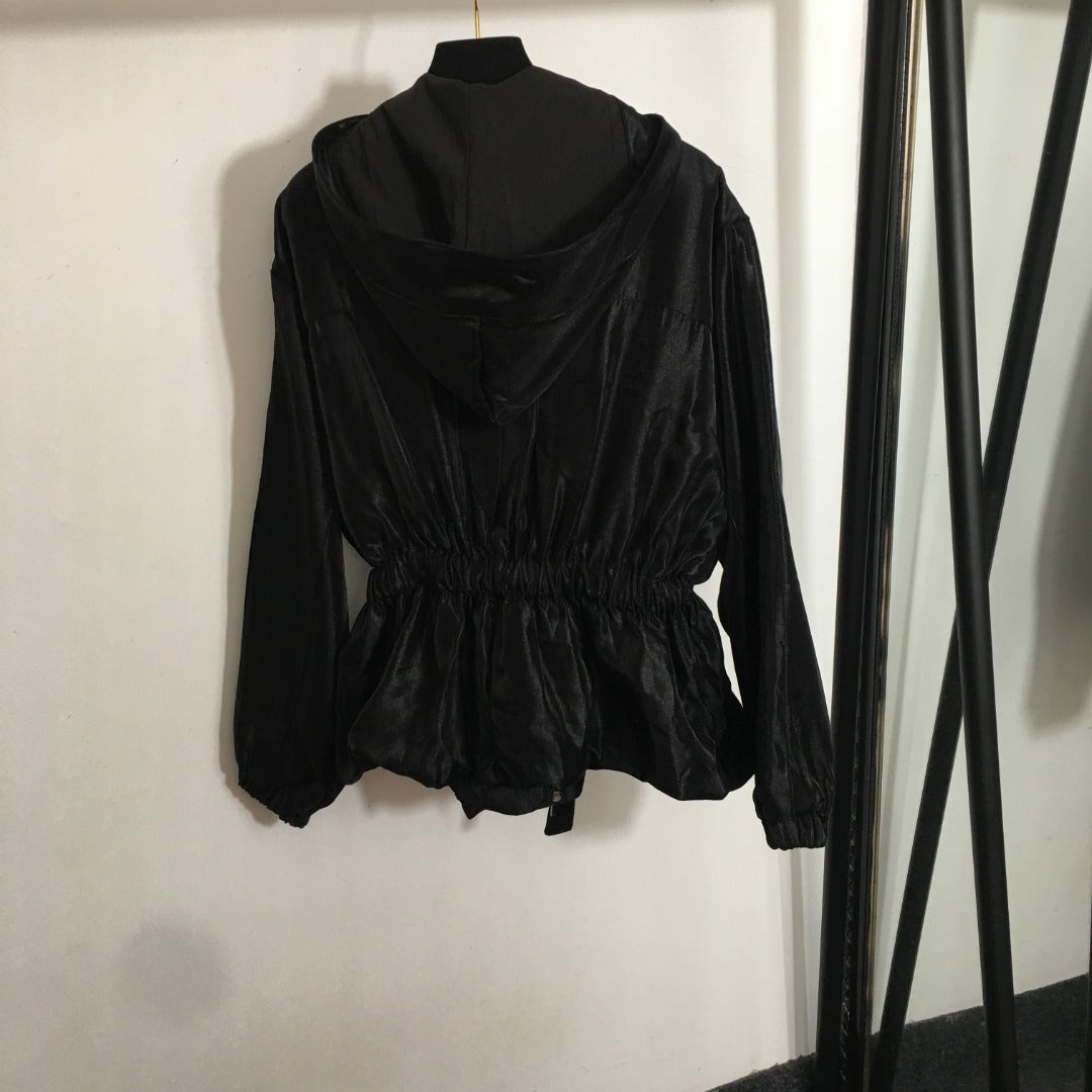 CC Drawstring Waist Short Long Sleeve Hooded Thin Shiny Windbreaker Jacket
