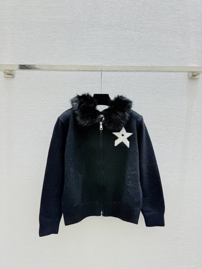 CD Feather-embellished Hooded Knit Long-sleeved Cardigan with Back Lettering