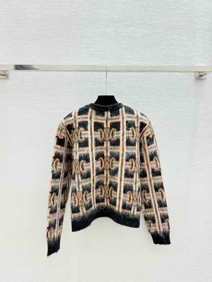 CE Contrast Color Monochrome Plaid Striped Crewneck Long Sleeve Knit Top Khaki Wool