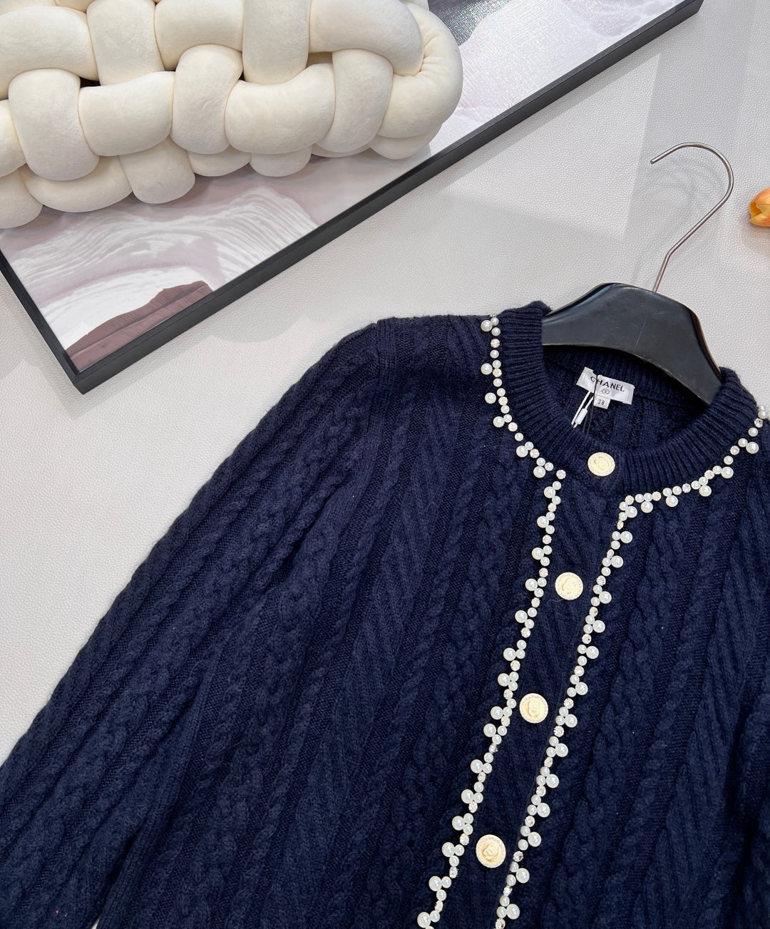 Chanel Cable Knit Crew Neck Cardigan Navy Blue in Wool 799529