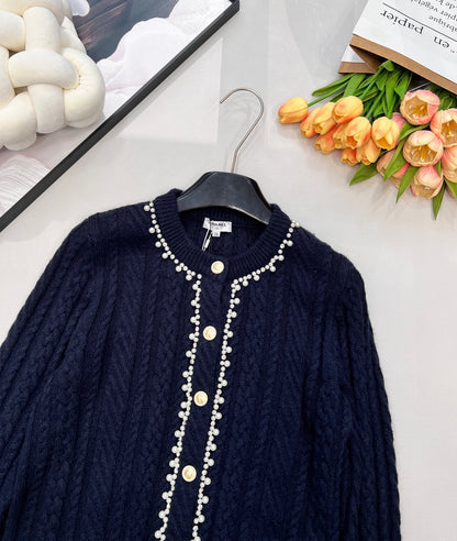 Chanel Cable Knit Crew Neck Cardigan Navy Blue in Wool 799529
