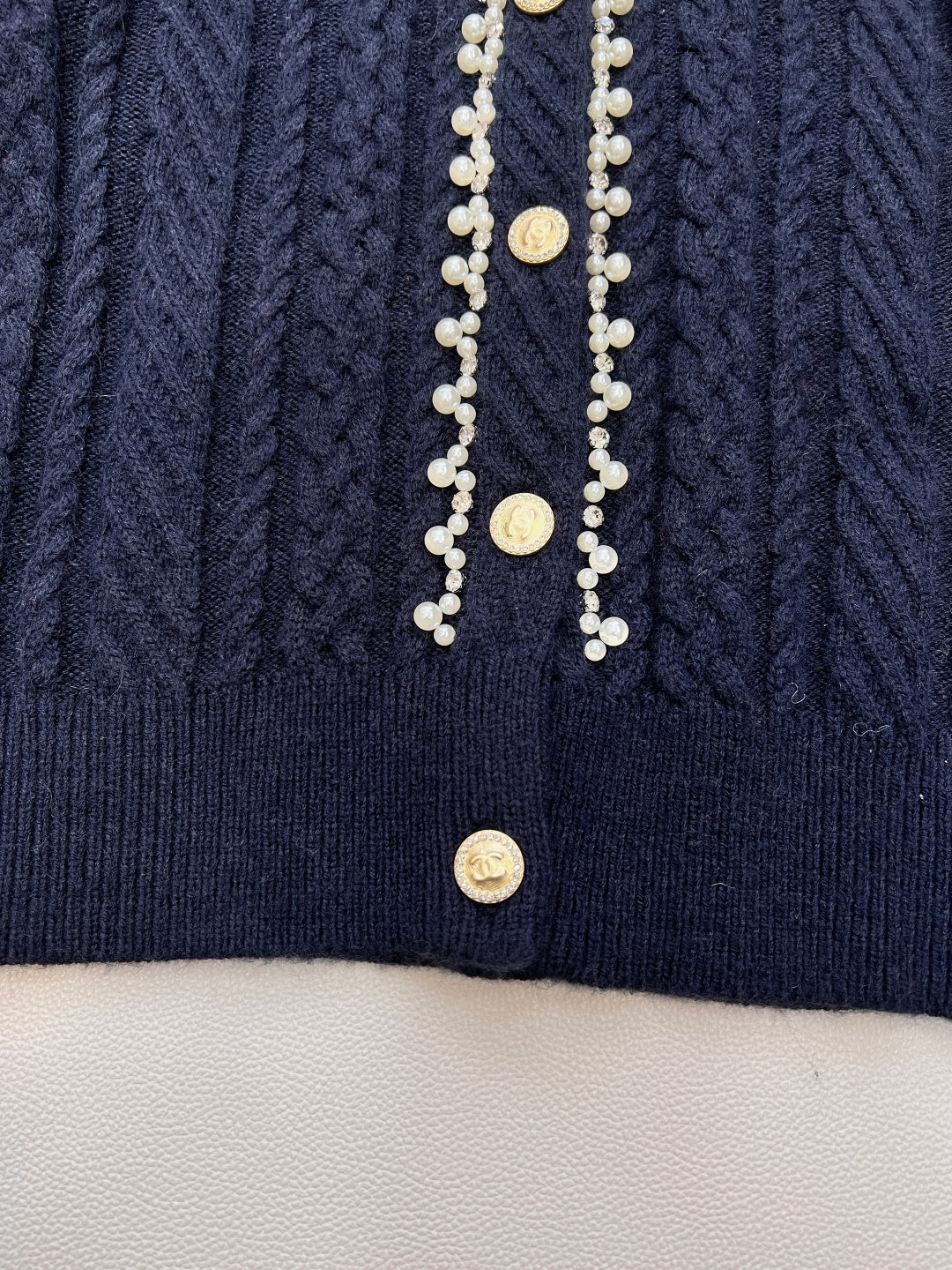 Chanel Cable Knit Crew Neck Cardigan Navy Blue in Wool 799529