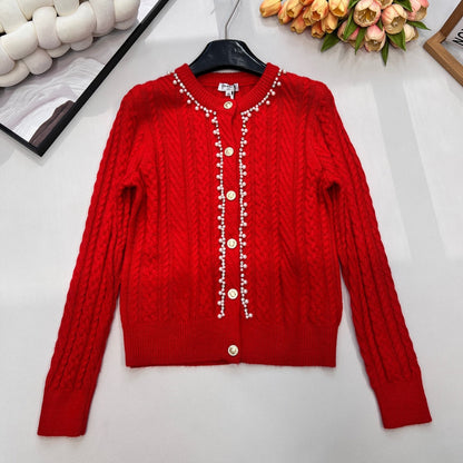 Chanel Cable Knit Crew Neck Cardigan Red in Wool 799524