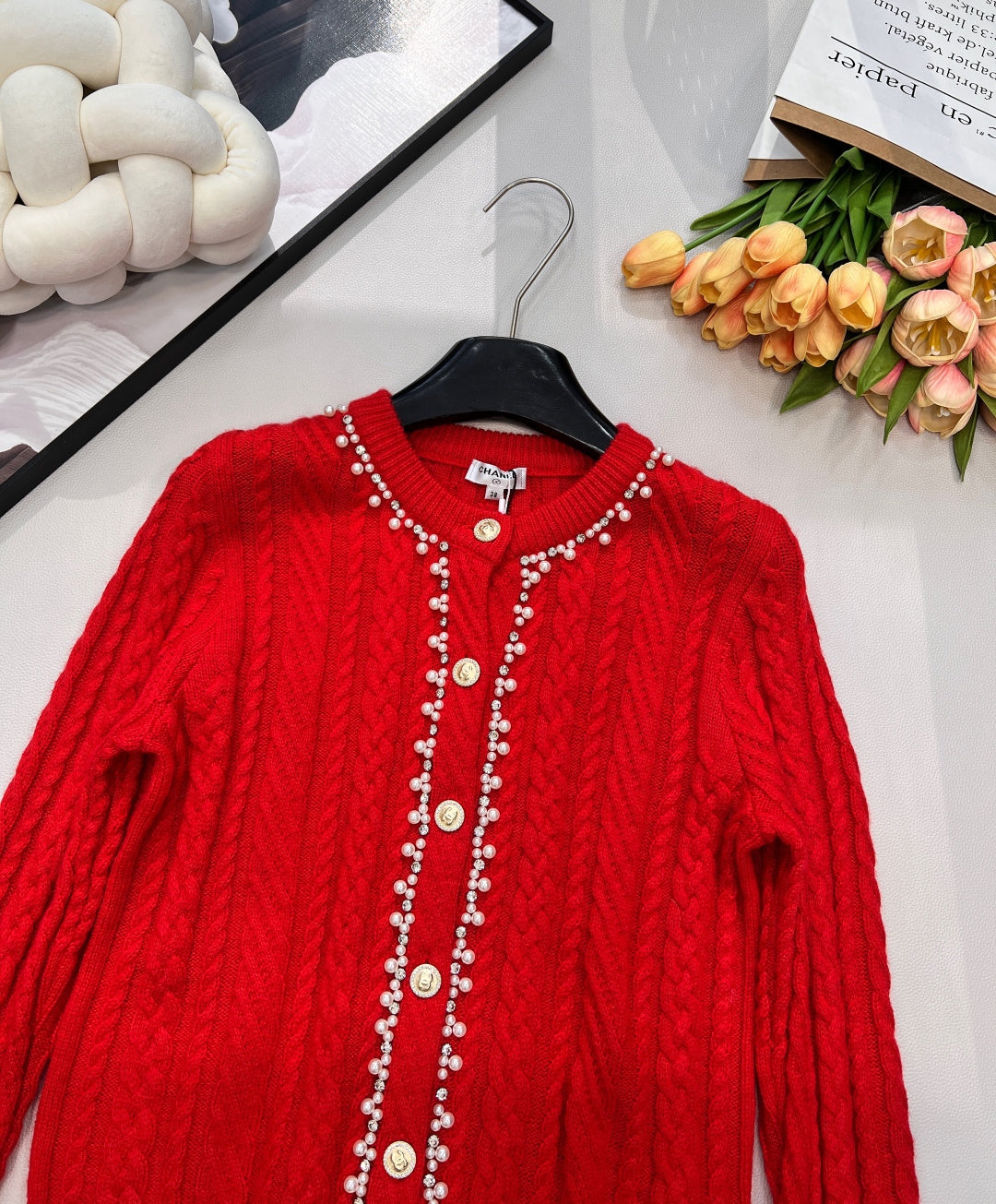 Chanel Cable Knit Crew Neck Cardigan Red in Wool 799524