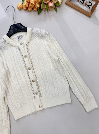 Chanel Cable Knit Crew Neck Cardigan White in Wool 799518