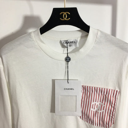 Chanel  Striped Color Block Pocket Crew Neck Long Sleeve T-Shirt