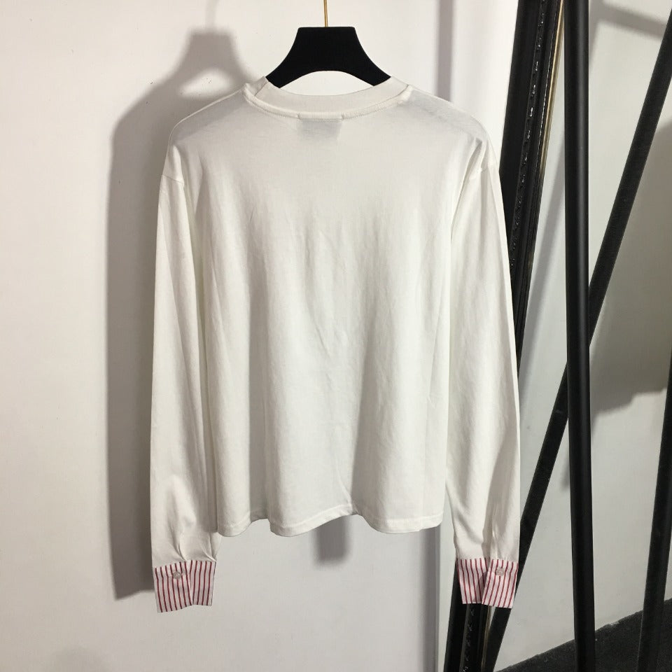 Chanel  Striped Color Block Pocket Crew Neck Long Sleeve T-Shirt
