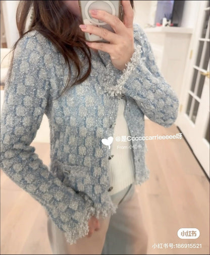Chanel 26 Blue and White Round Neck Cardigan with Tassel Trim at the Hem