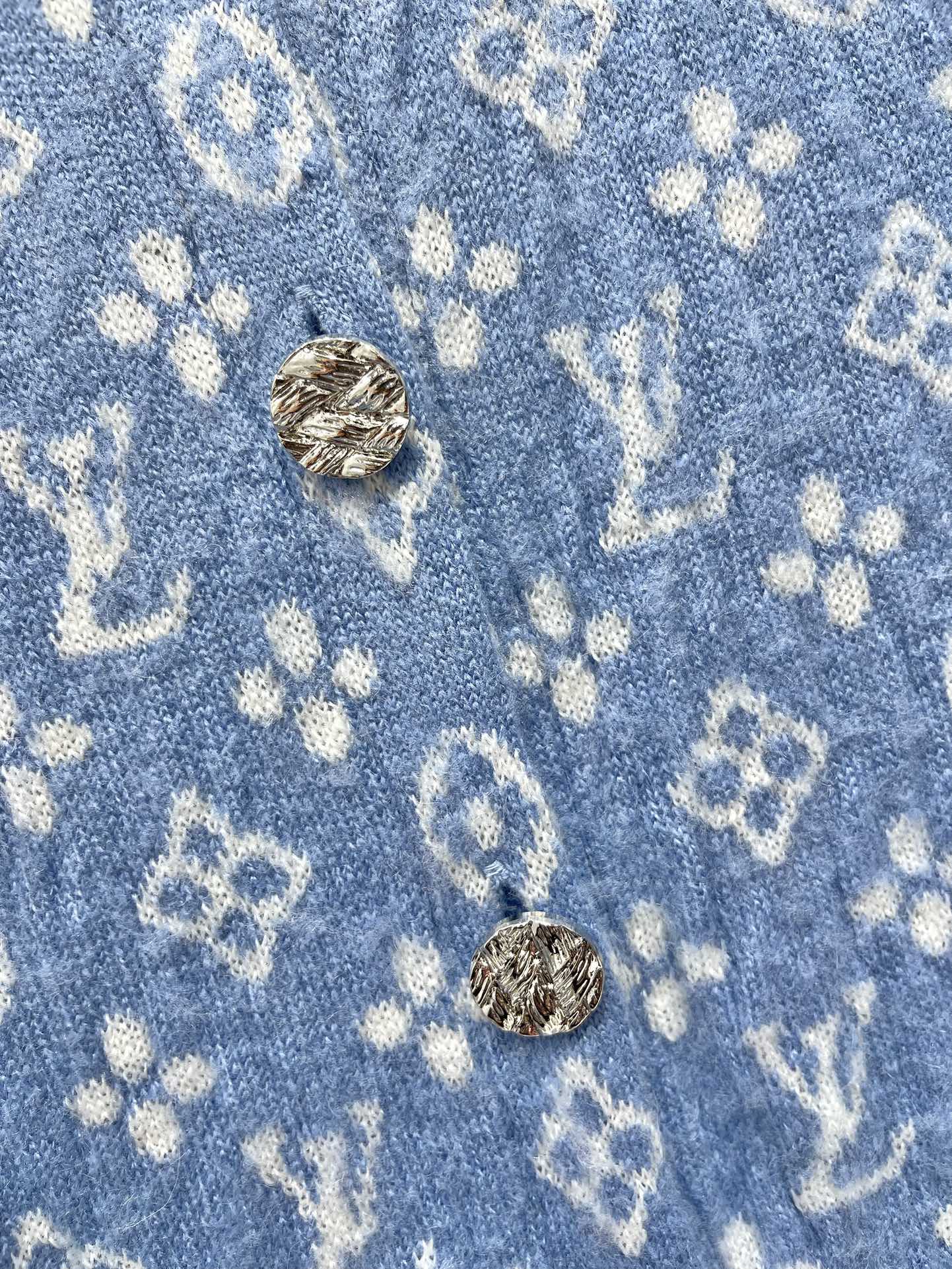 LV Monogram Jacquard All-over Print Blue Cardigan with Monogram Pattern